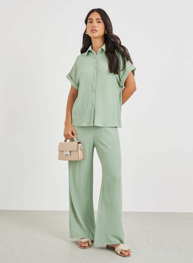 Textured Wide-Leg Pants with Drawstring - Image 1