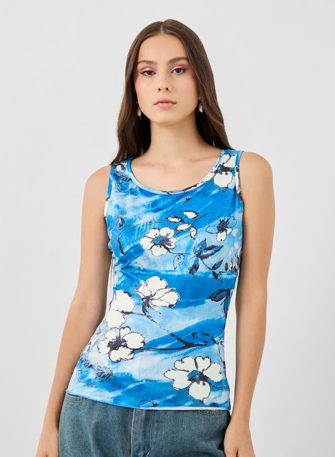 Floral Print Sleeveless Round Neck Top - Image 1