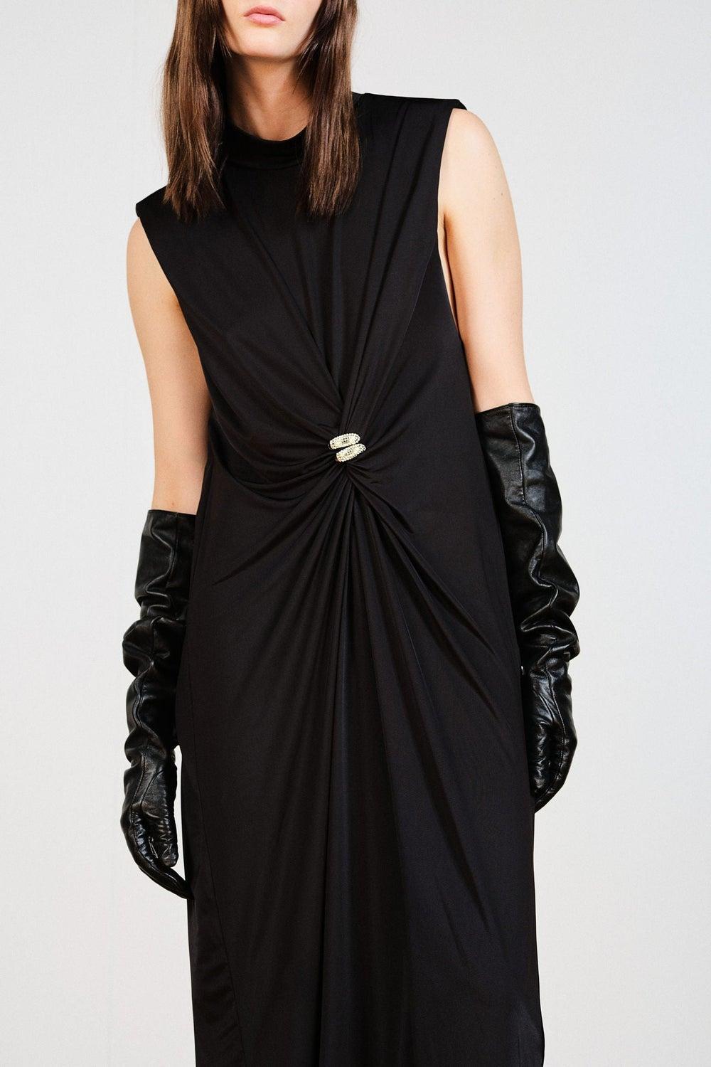 Draped Shoulder-Pad Calf-Length Jersey Dress - Image 1