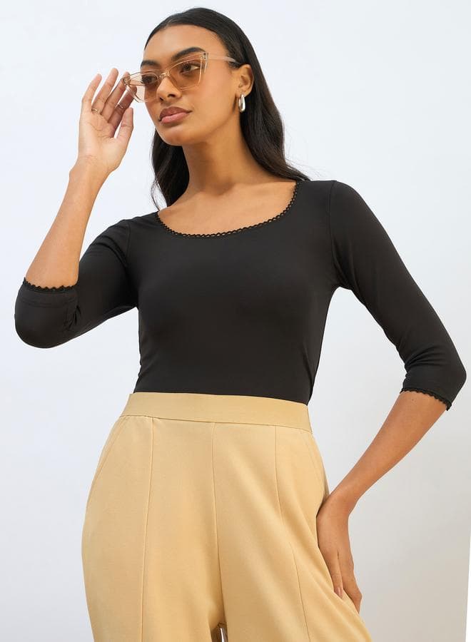 Black Knitted Lace Detail Crop Top - Image 1