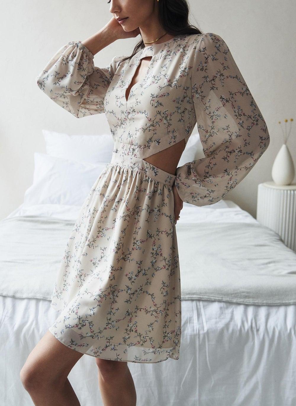 Floral Mini Dress with Waist and Collar Cutouts - Image 1