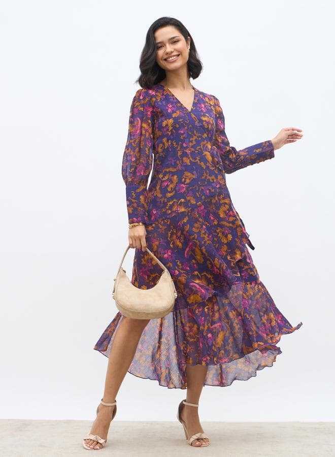 All-Over Print Asymmetric Hem Wrap Midi Dress - Image 1