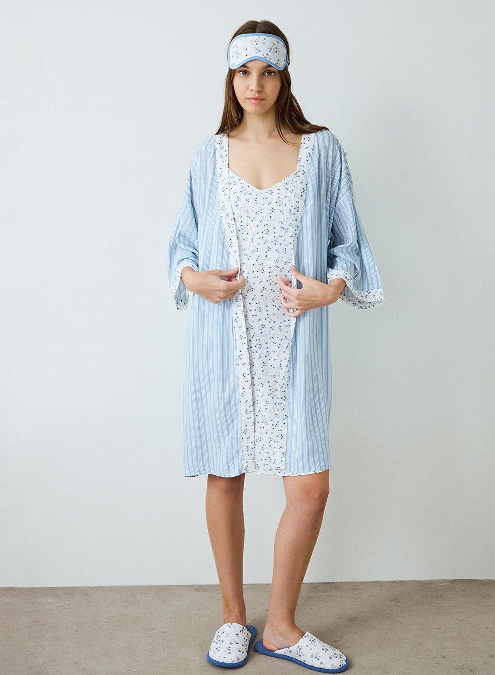 Penti Lilah Light Blue Striped Short Sleeve Tie Dress Robe - Image 1