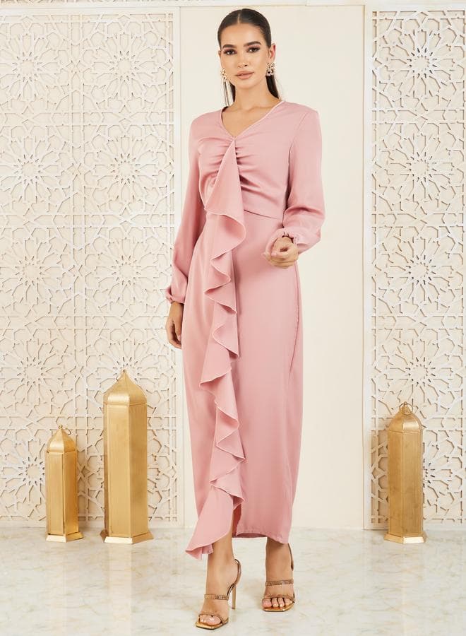Styli Satin Ruffle Bodycon Maxi Dress - Image 1
