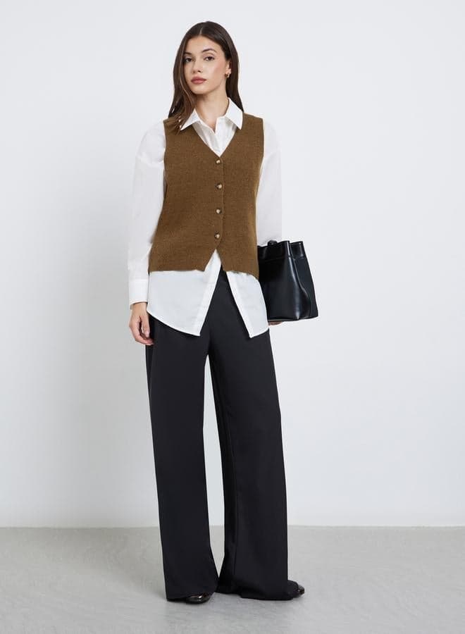 Styli Sleeveless V-Neck Flat Knit Olive Vest - Image 1