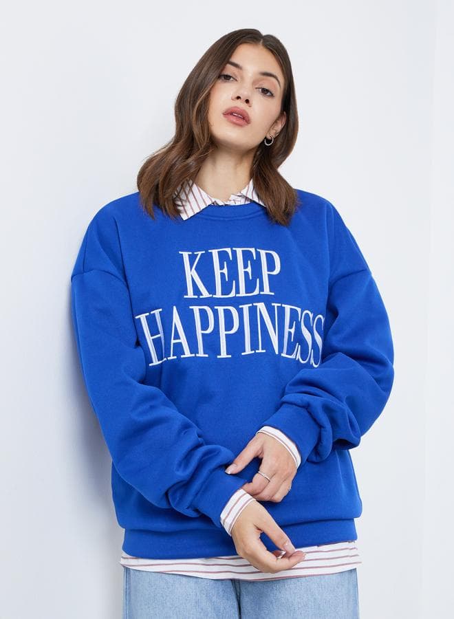 Women Blue Slogan Print Midi Sweatshirt - Image 1