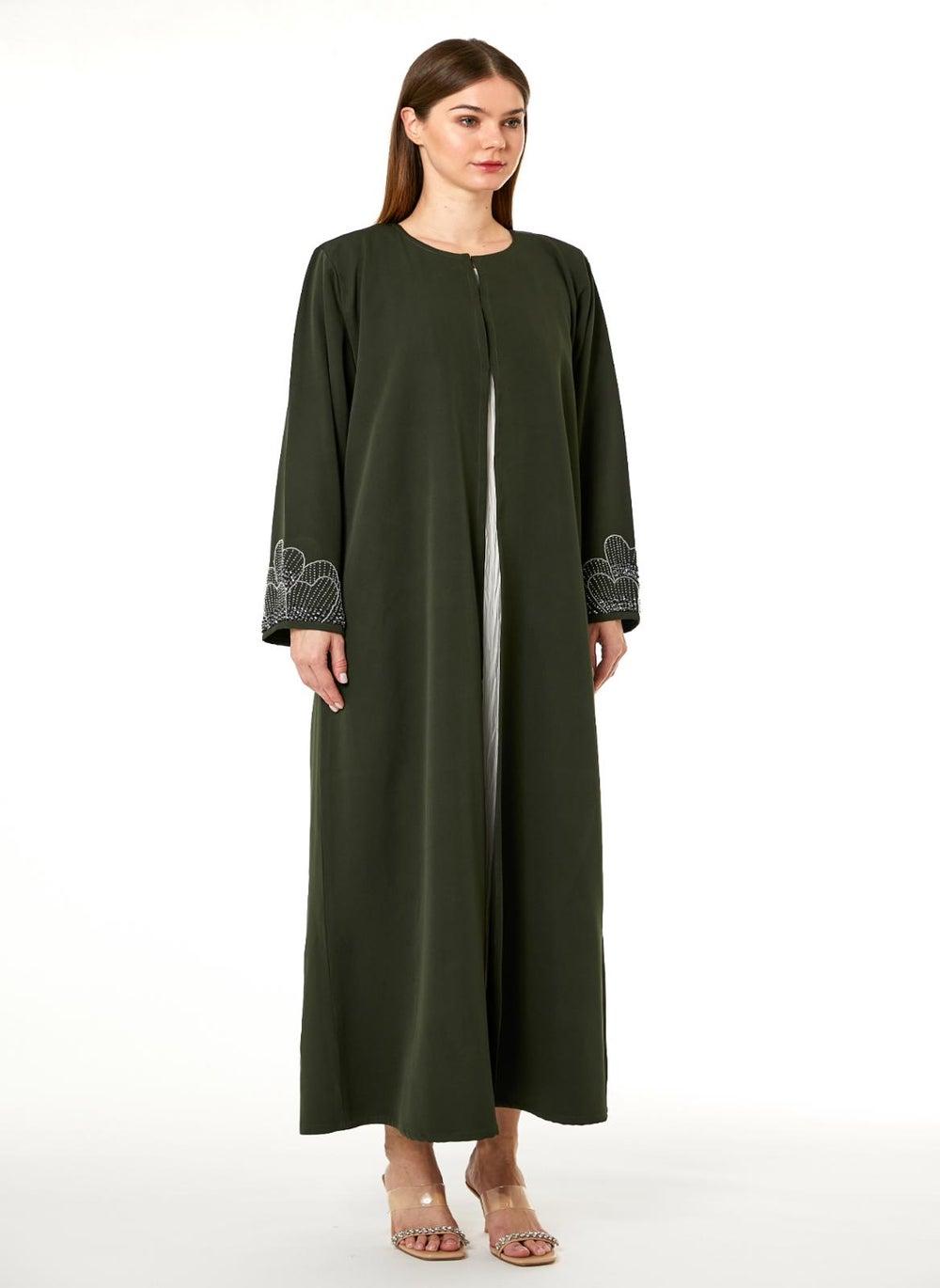 Dark Green Korean Nida Hand Embellished Abaya - Image 1