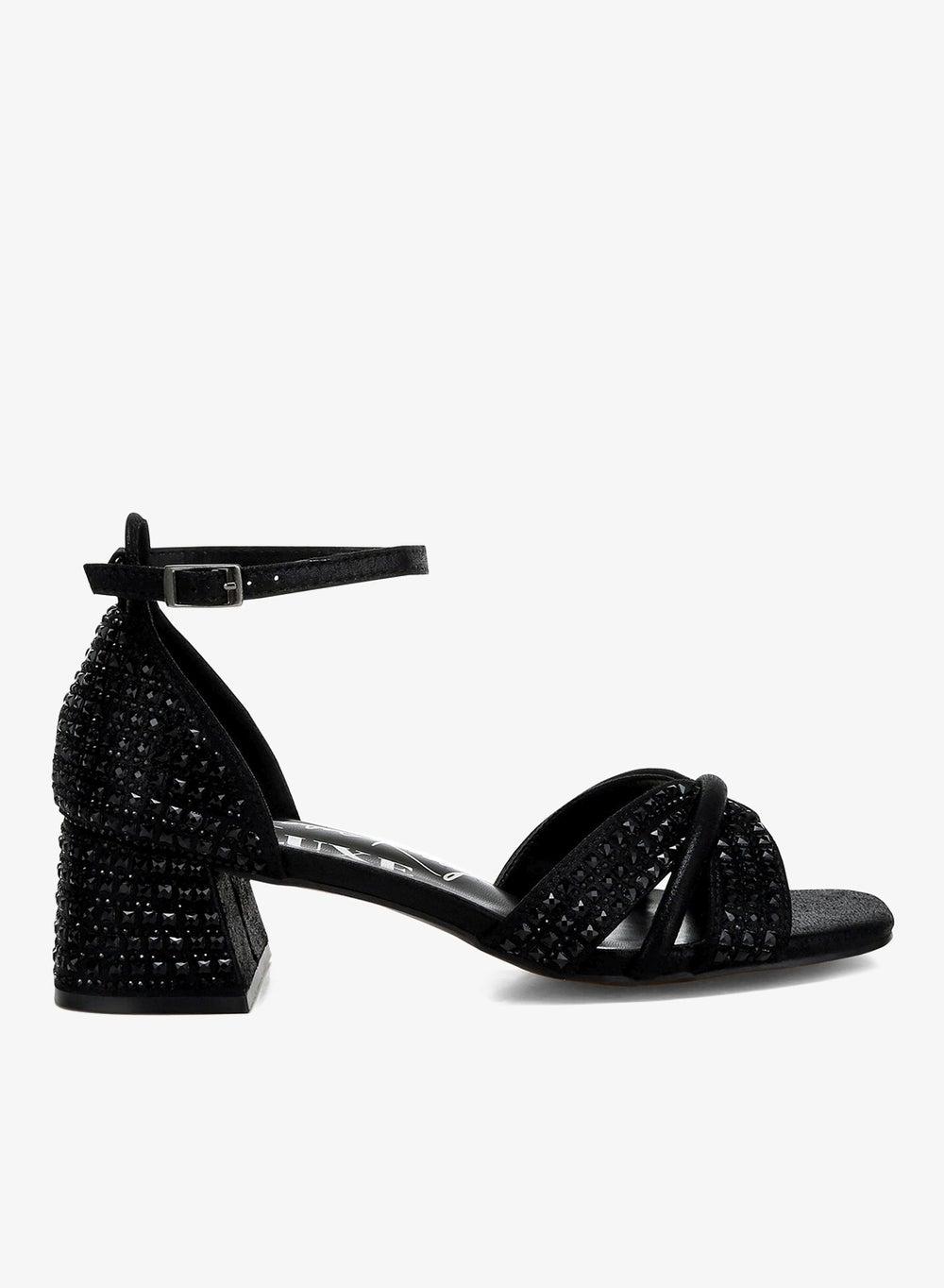 Black Low Block Heel Rhinestone Sandals - Image 1