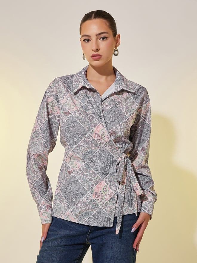 All-Over Print Long Sleeve Wrap Top - Image 1