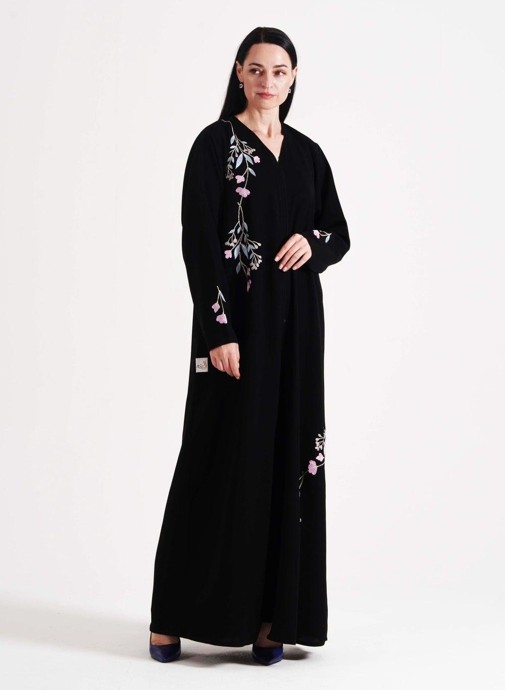 Open Abaya with Pink Embroidery - Image 1