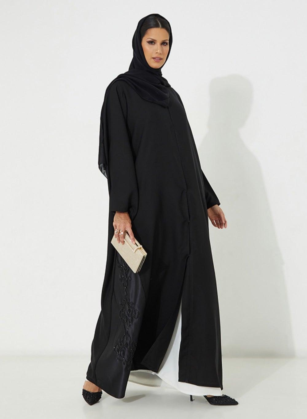 Black Abaya with Hand Embroidery and Bridal Satin - Image 1