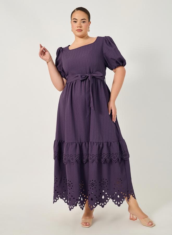 Purple Eyelet Tiered Midi Dress with Self-Tie Belt - Image 1
