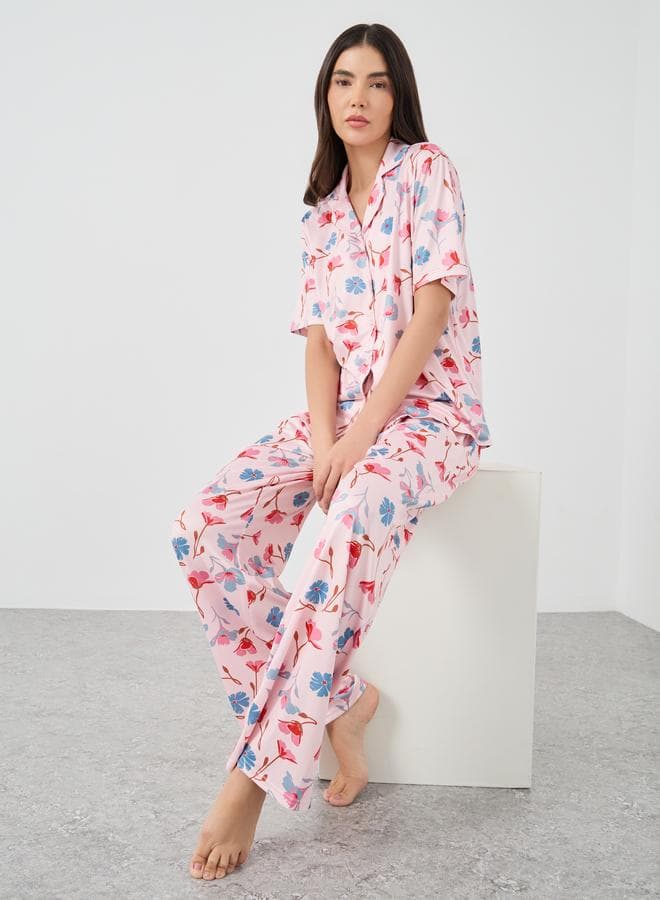 Floral Print Short Sleeve Shirt and Pyjama Set - Image 1