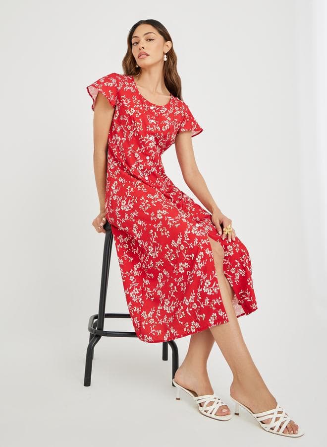 Take Two Red Floral Print Button Front Midi Dress - Image 1