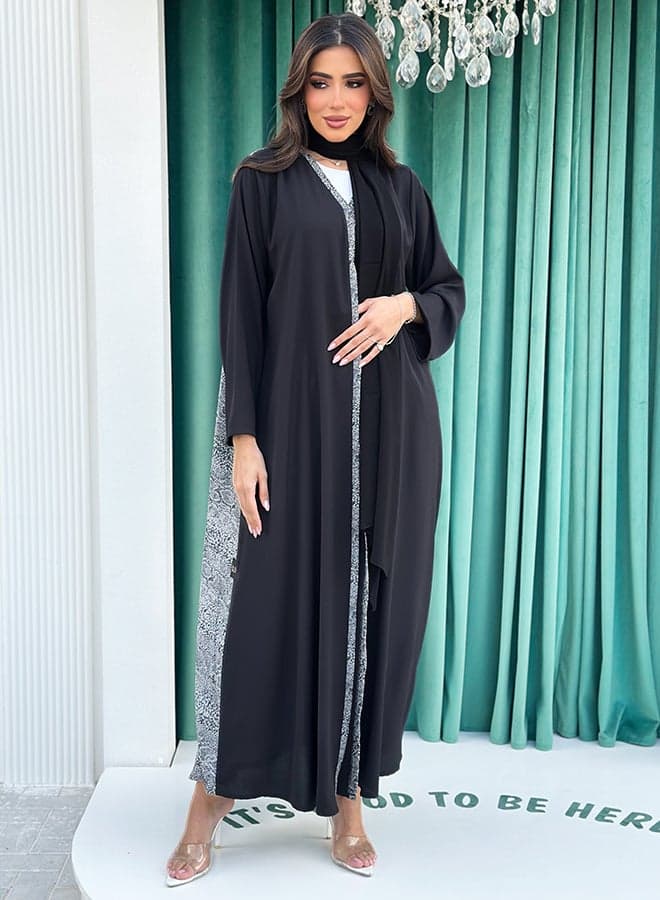 Black A-Cut Printed Crepe Abaya with Matching Scarf - Image 1