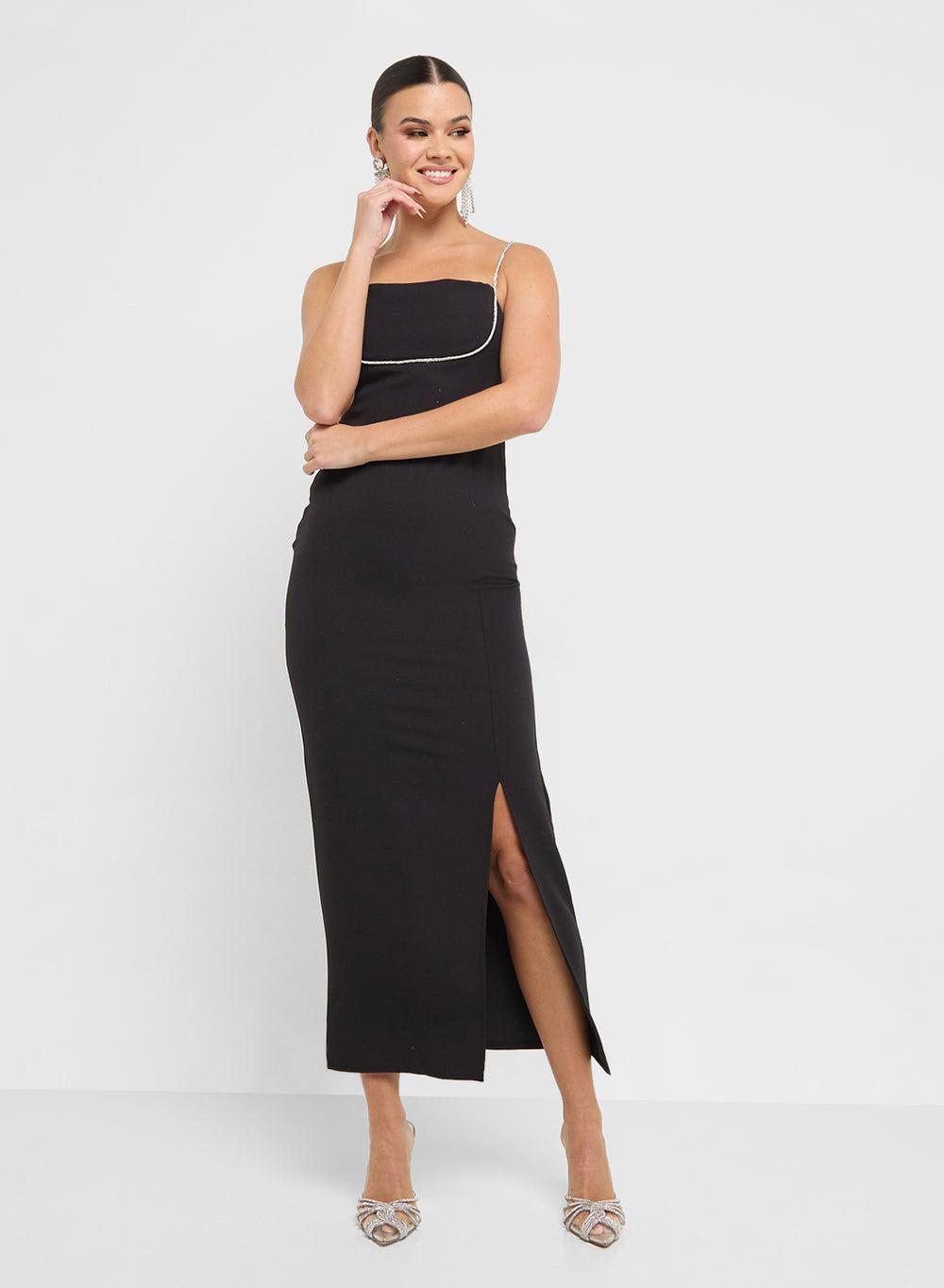 Black Midi Dress with Square Neckline and Side Slit - Image 1