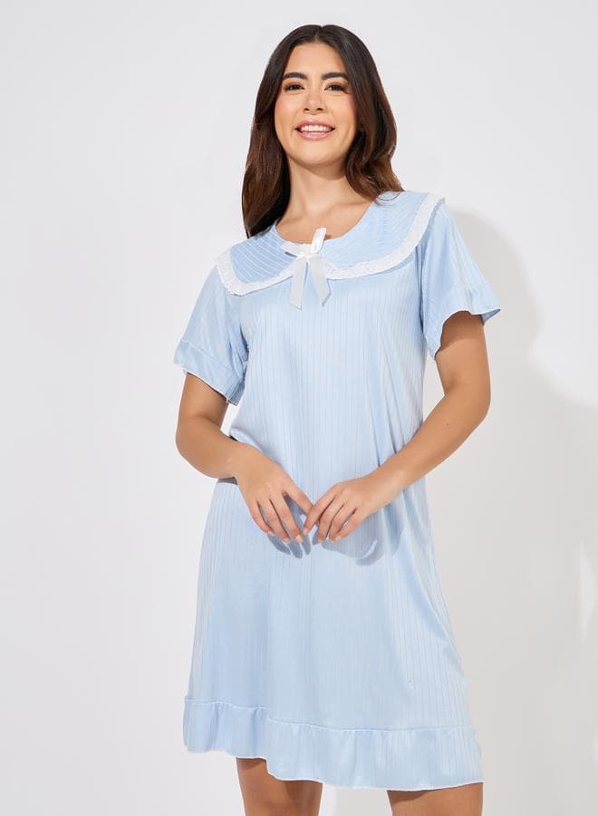 Lace Trim Bow Detail Collared Nightdress - Image 1