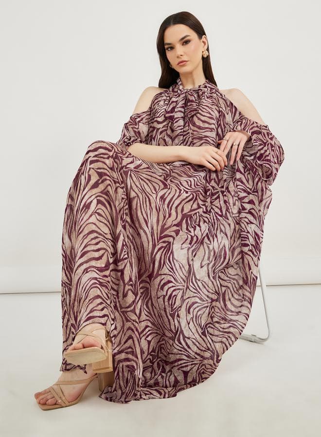 Styli All-Over Print Tie-Up Neck Kaftan Maxi Dress - Image 1