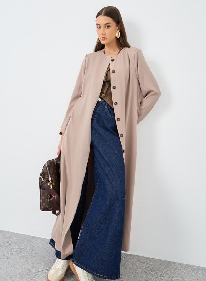 Styli Solid Round Neck Open Front Abaya with Button Detail - Image 1