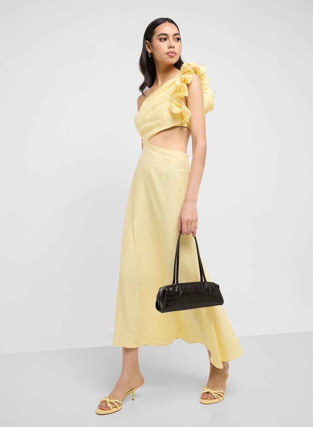 Yellow Ruffled One-Shoulder Midi Dress - Image 1