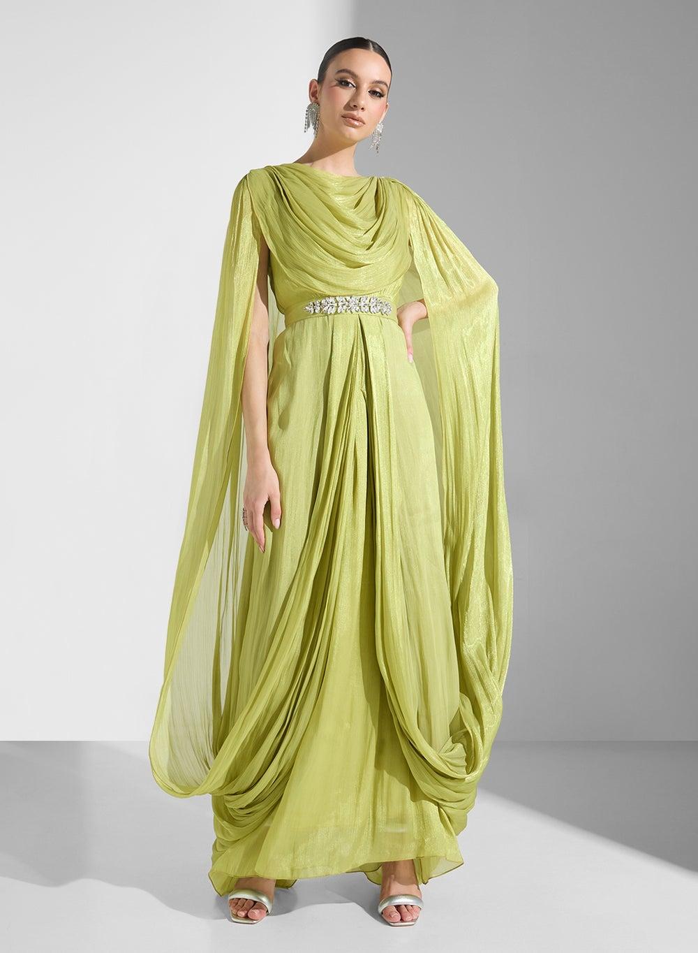 Draped Chiffon Gown with Jeweled Waist Belt - Image 1