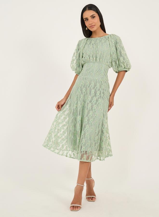 Light Green Lace Puff Sleeve Midi Dress - Image 1