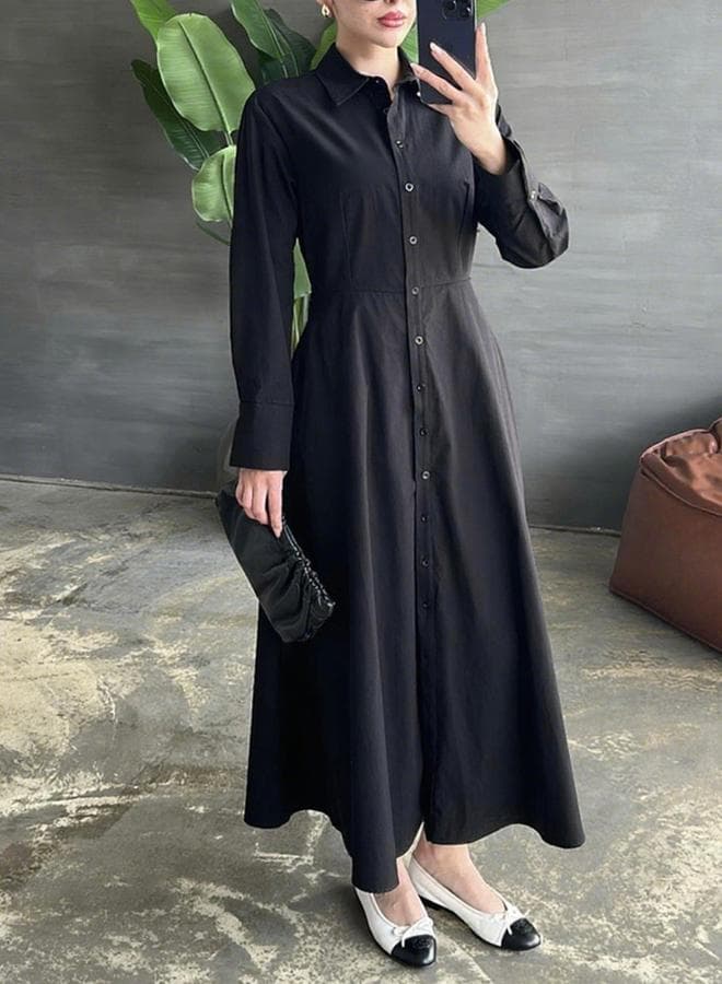 Take Two Solid Long Sleeve Button Midi Shirt Dress - Image 1