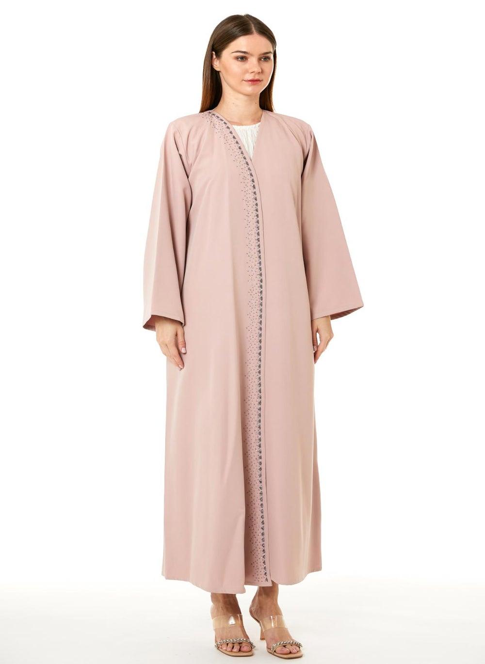Pink Korean Nida Hand Embellished Abaya with Scarf - Image 1