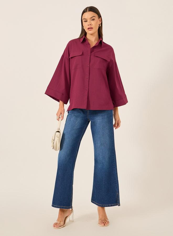 Oversized Button-Down Shirt with Spread Collar - Image 1