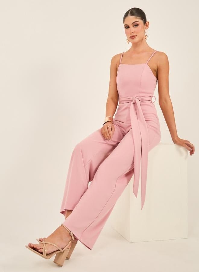 Styli Solid Strappy Wide-Leg Jumpsuit with Waist Tie-Up - Image 1