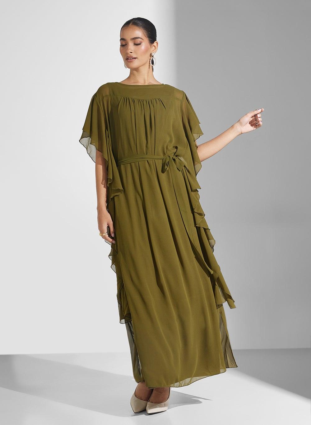Olive Ruffle Maxi Dress with Flutter Sleeves - Image 1