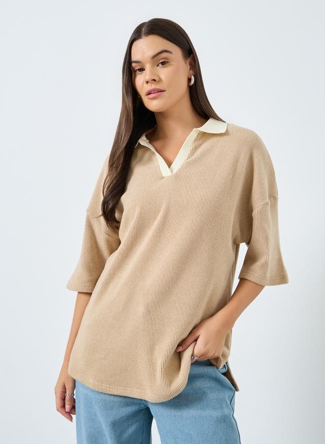 Styli Beige Knitted Polo T-Shirt - Image 1
