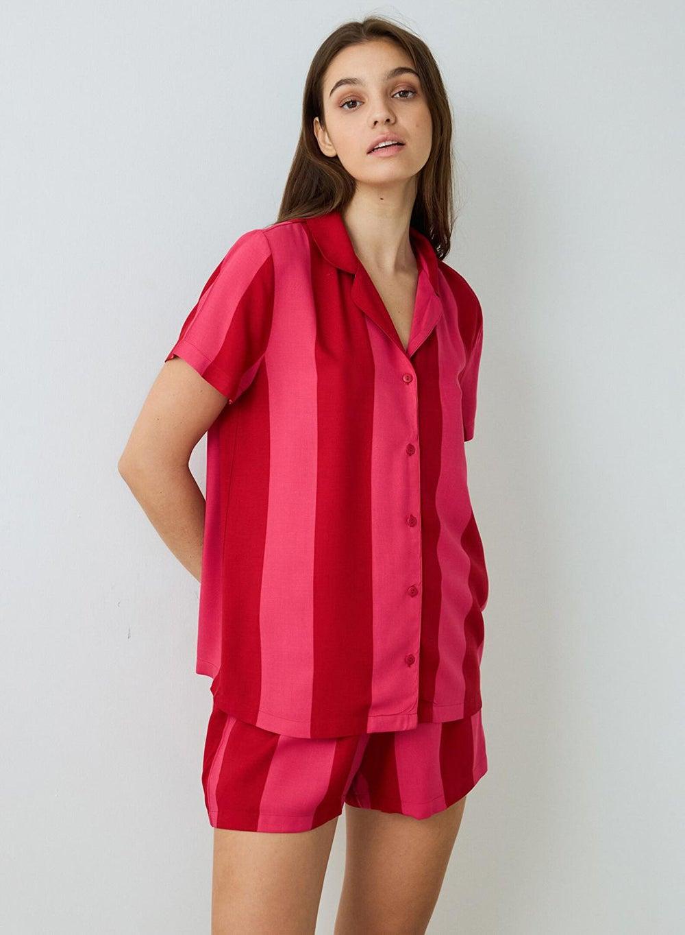 Penti Red Striped Cotton Shirt Collar Pyjamas Set - Image 1