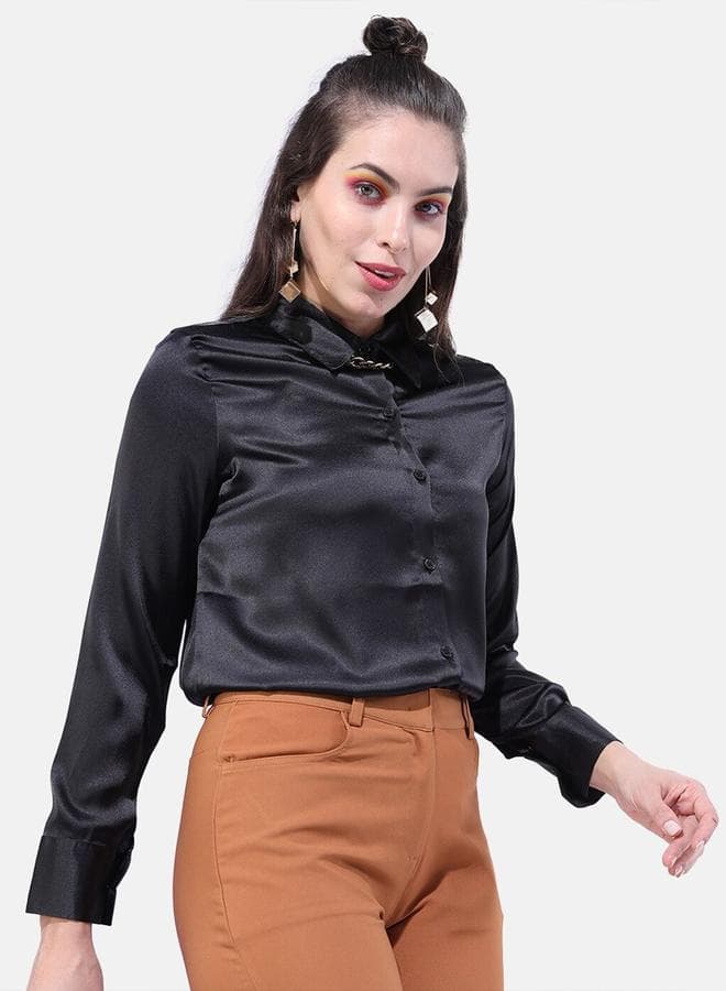 Freehand Women Black Satin Slim Fit Shirt - Image 1