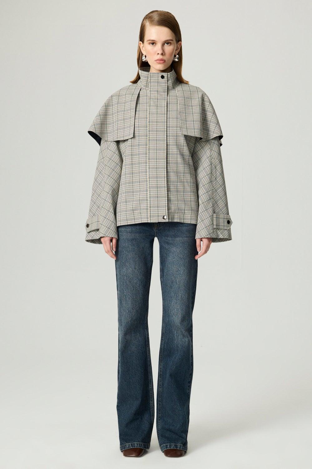 Plaid Funnel-Neck Cape Jacket with Wrap Belt - Image 1