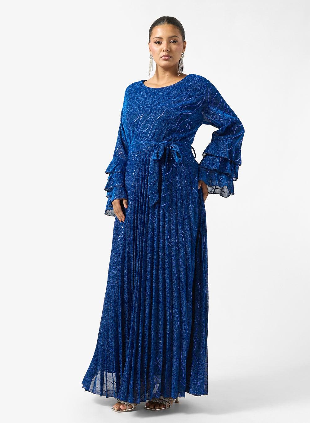 Plus Size Shimmer Maxi Dress with Ruffled Sleeves - Image 1