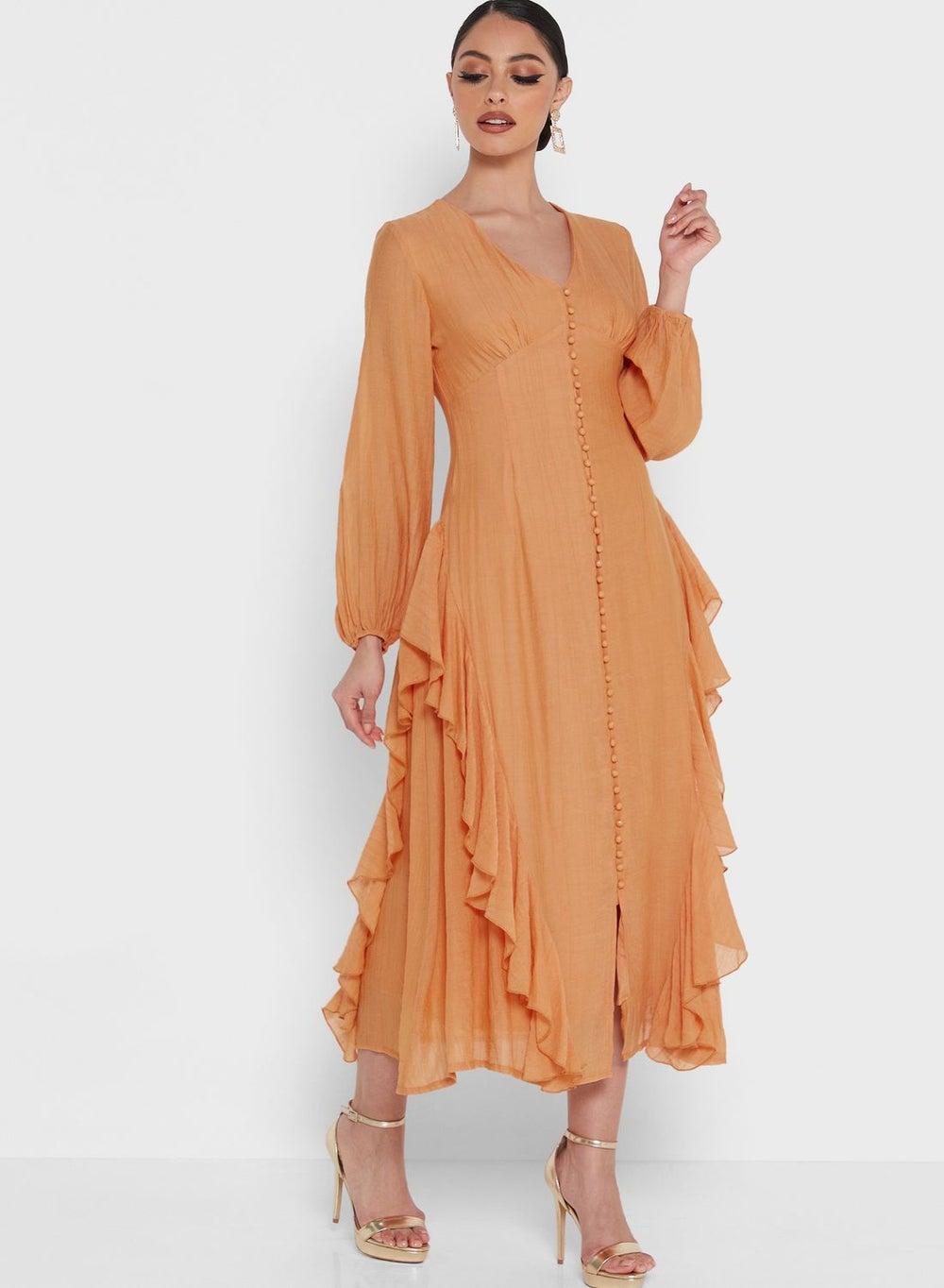 Peach Ruffled Button-Down Midi Dress - Image 1
