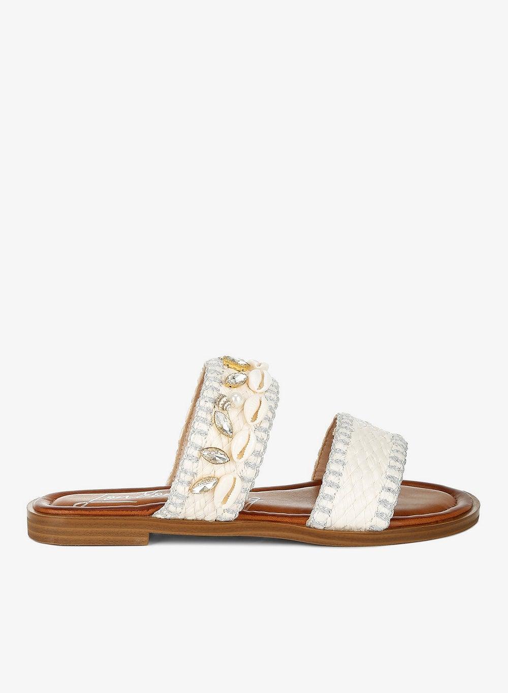 Shell & Diamante White Slip-On Raffia Sandals - Image 1