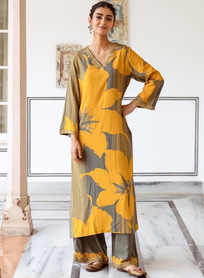 Mustard Rayon Embroidered Kurta Set with Palazzo - Image 1