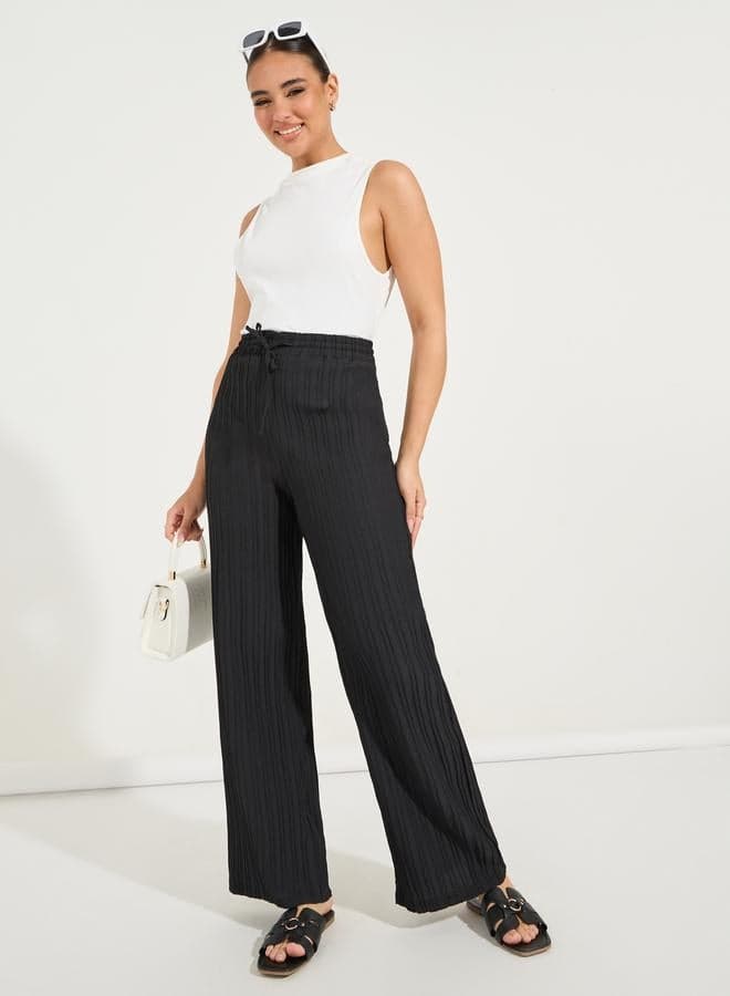 Textured Wide Leg Pants with Drawstrings - Image 1