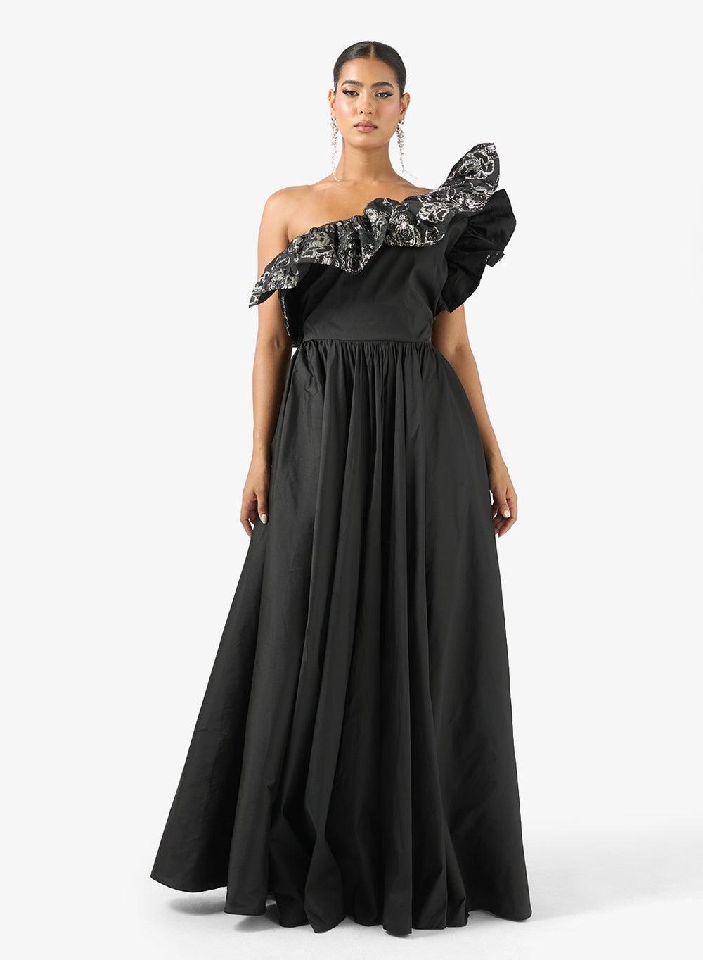Asymmetric Black Ruffle One-Shoulder Maxi Gown - Image 1