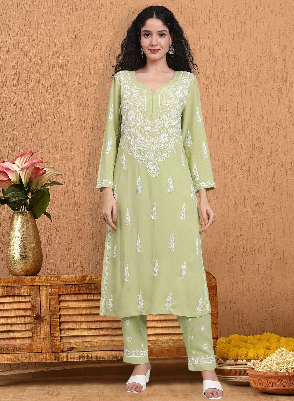 Hand Embroidered Chikankari Cotton Kurta Set AL3451KS - Image 1
