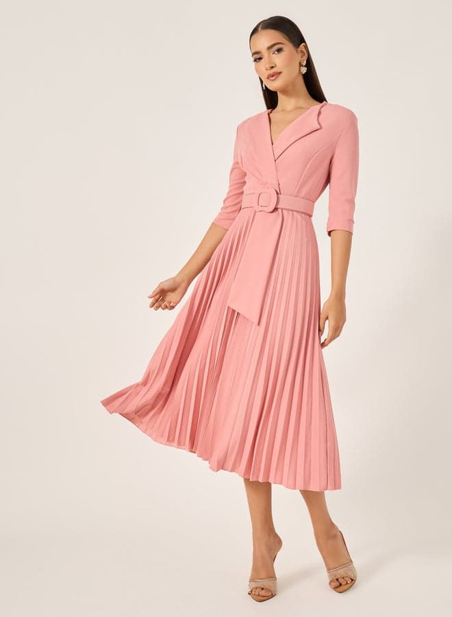 Pleated Blazer Midi Dress with Belted Waist - Image 1