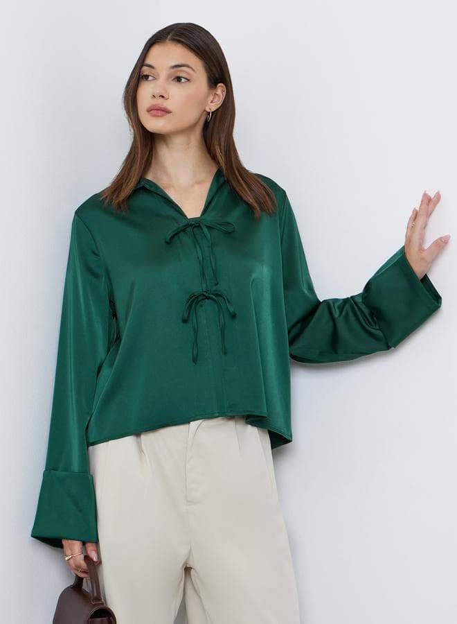 Styli Green Tie-Front Shirt with Fold Cuff Detail - Image 1