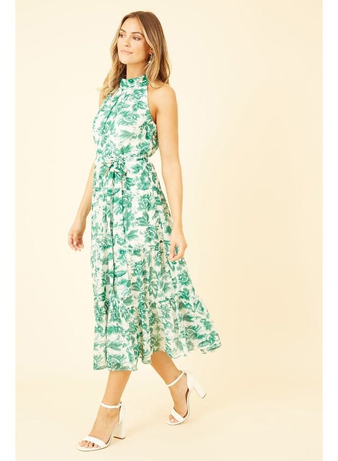 Floral Halter Midi Dress with Self-Tie Waist - Image 1