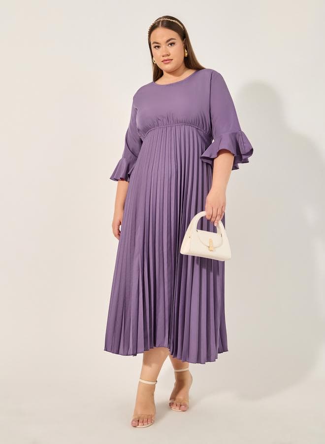 Periwinkle Pleated Flounce Sleeve Midi Dress - Image 1