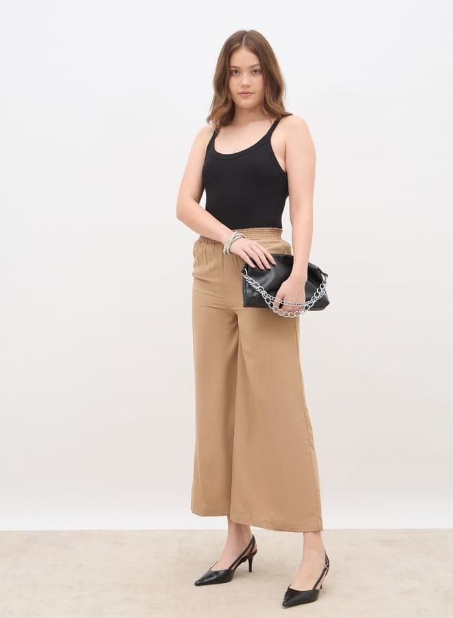 Solid Wide Leg Culottes with Elastic Waist - Image 1