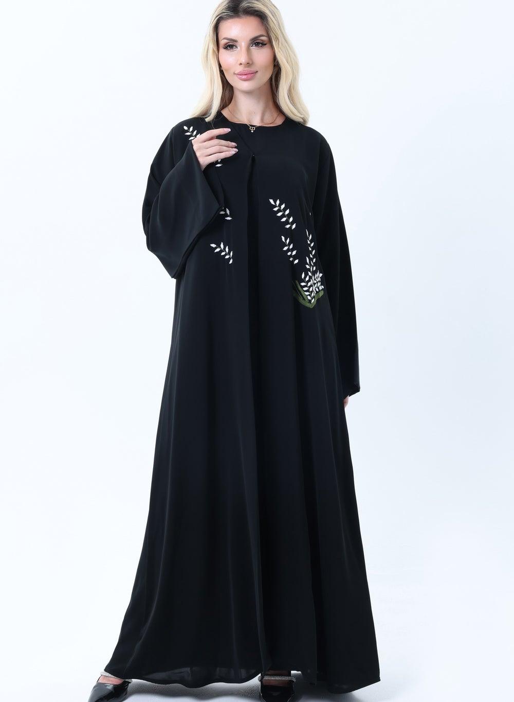 Black Nida Abaya with White Leaf Embroidery and Headscarf - Image 1