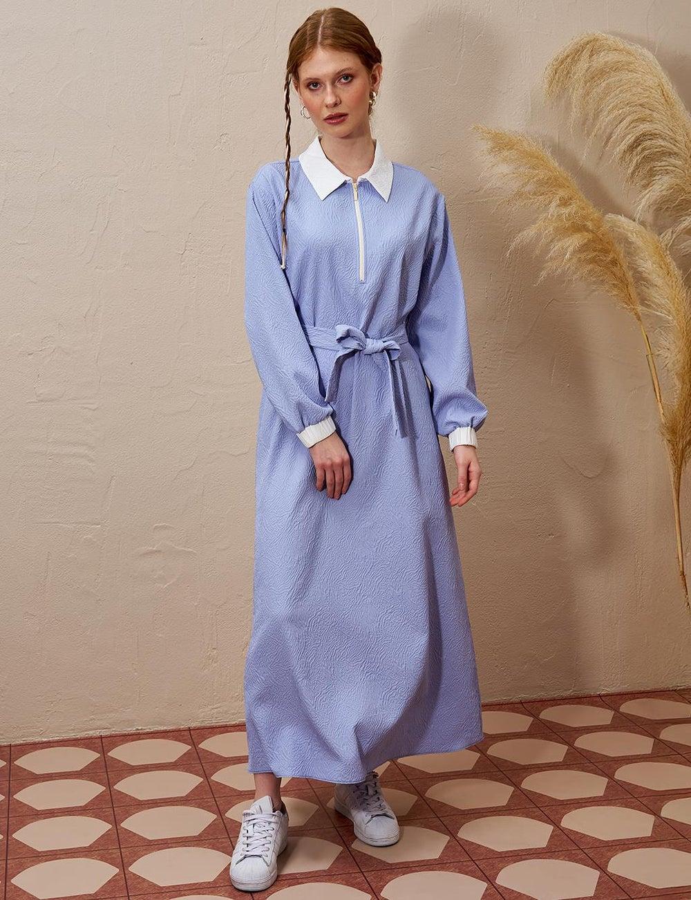Aviator Blue Embossed Half Zipper Belted Dress - Image 1