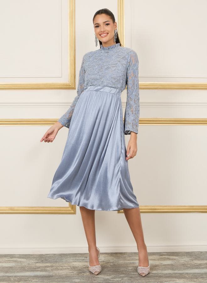 Lace Detail Satin Pleated Hem A-Line Midi Dress - Image 1